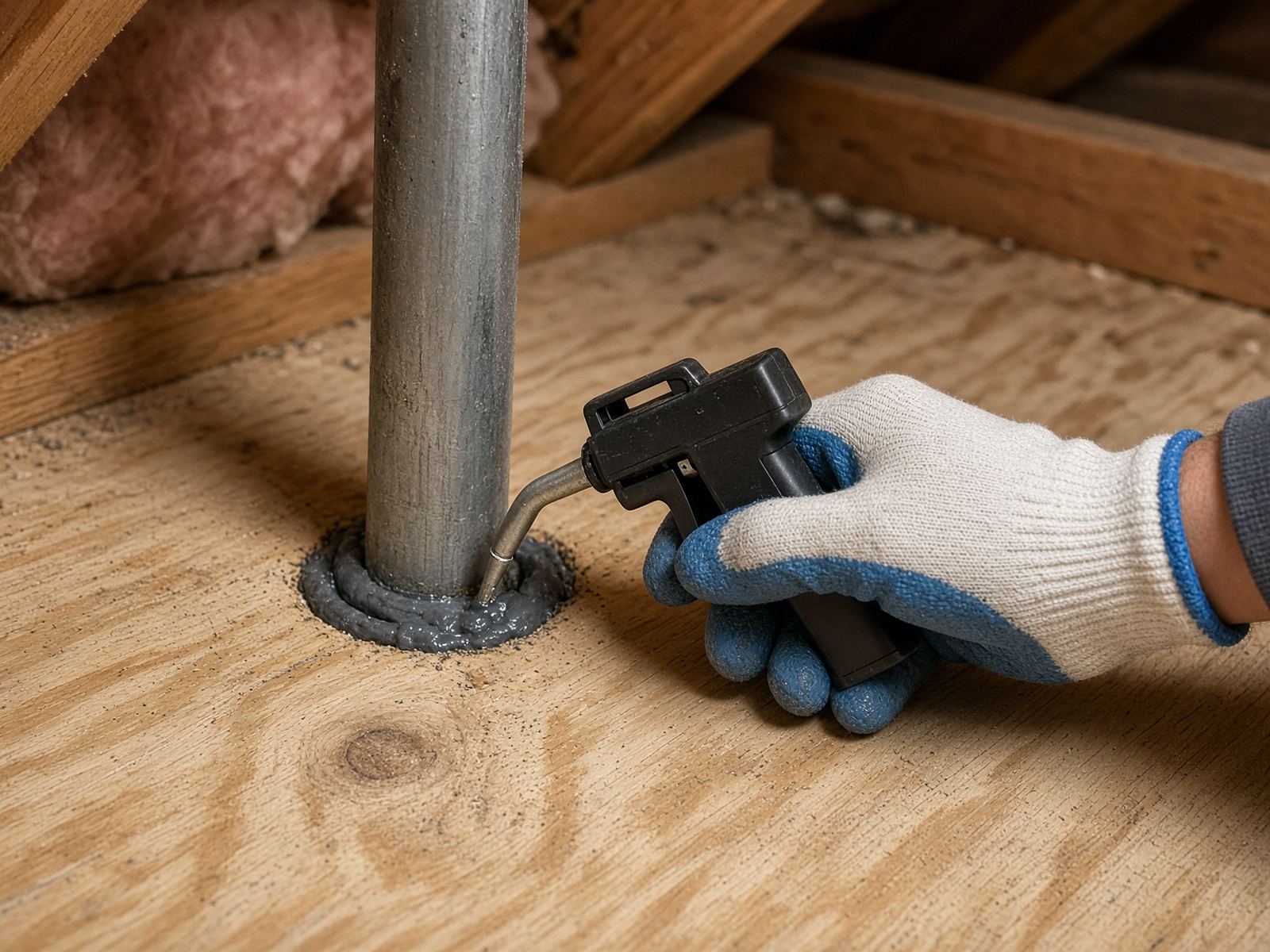 Attic deck around a sealed pipe, the surface that gets treated after insulation removal