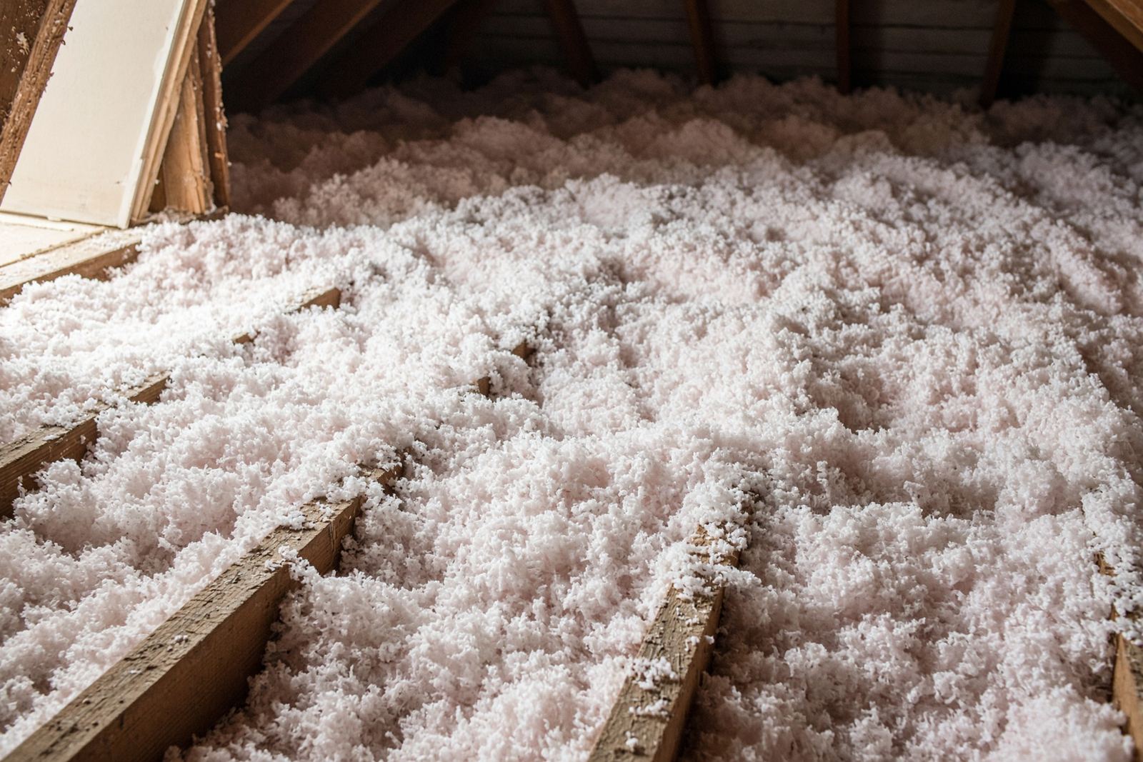 Blown fiberglass on an attic floor, the install used for Greenacres top-ups